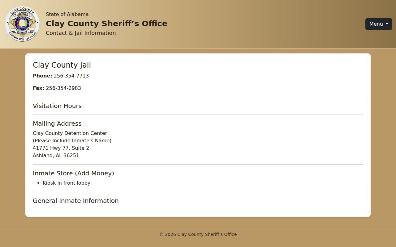 Clay County Detention Center contact page for jail release records and kiosk questions